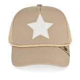 Vintage Havana Trucker Hat for Women – Khaki Mesh & Canvas Adjustable Cap With White Pearl Star & Rope